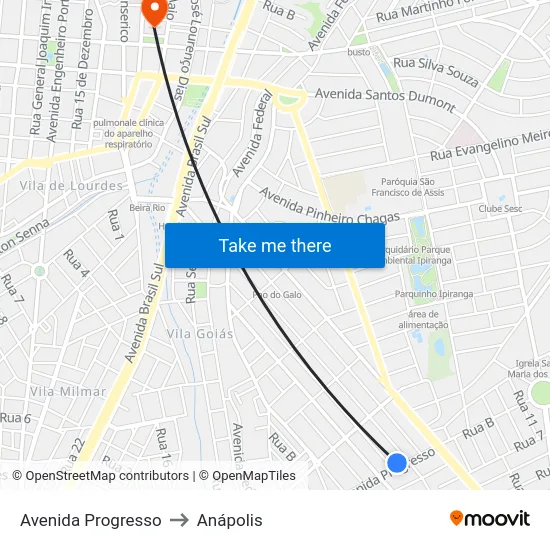 Avenida Progresso to Anápolis map