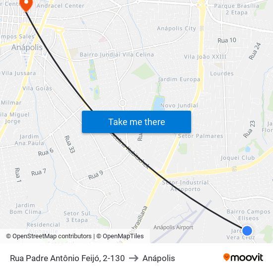 Rua Padre Antônio Feijó, 2-130 to Anápolis map