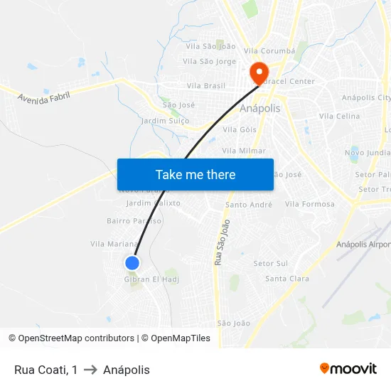Rua Coati, 1 to Anápolis map