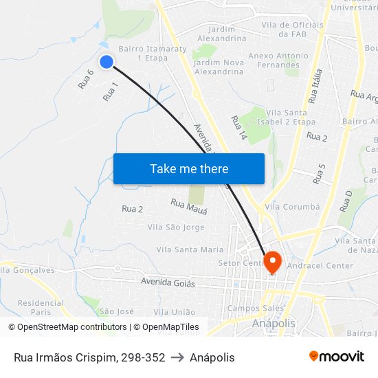 Rua Irmãos Crispim, 298-352 to Anápolis map