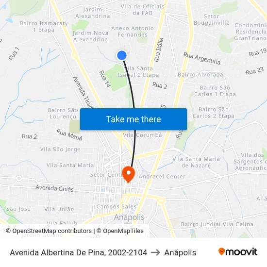 Avenida Albertina De Pina, 2002-2104 to Anápolis map