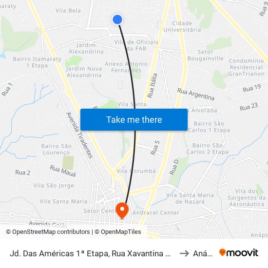 Jd. Das Américas 1ª Etapa, Rua Xavantina C/ Av. Bernardo Sayão to Anápolis map