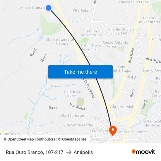 Rua Ouro Branco, 107-217 to Anápolis map