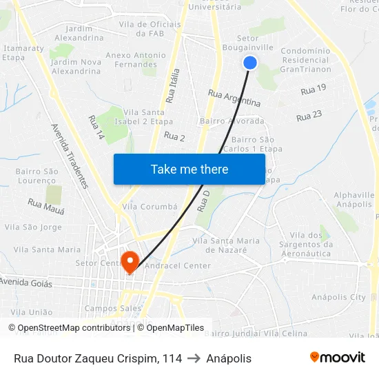 Rua Doutor Zaqueu Crispim, 114 to Anápolis map