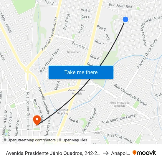 Avenida Presidente Jânio Quadros, 242-268 to Anápolis map