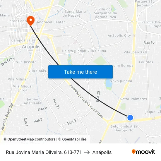 Rua Jovina Maria Oliveira, 613-771 to Anápolis map