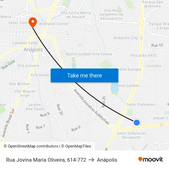 Rua Jovina Maria Oliveira, 614-772 to Anápolis map