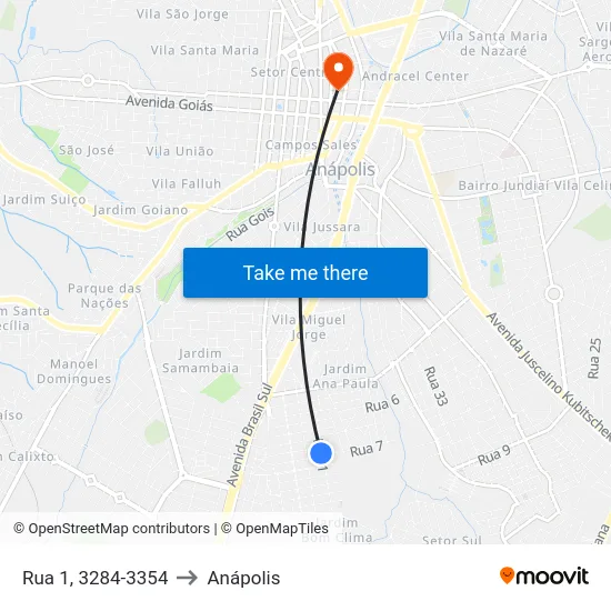 Rua 1, 3284-3354 to Anápolis map