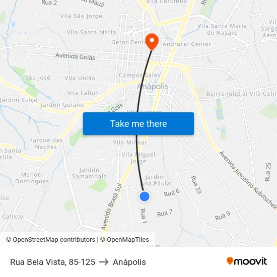 Rua Bela Vista, 85-125 to Anápolis map