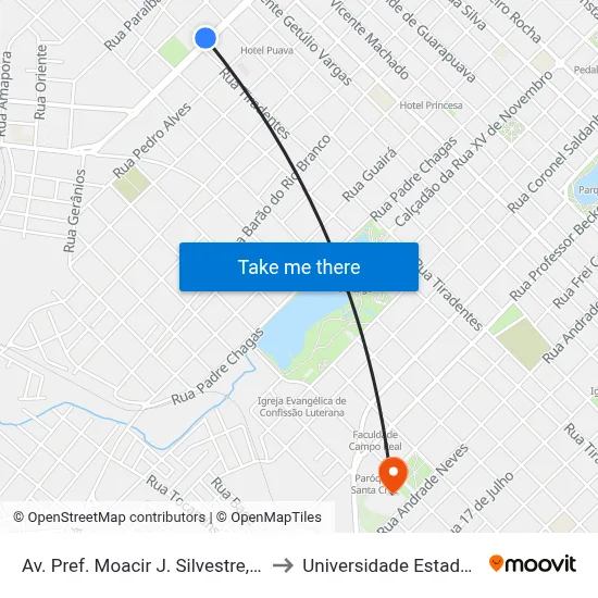 Av. Pref. Moacir J. Silvestre, 1297 (Col. Tupy Pinheiro) to Universidade Estadual Do Centro-Oeste map