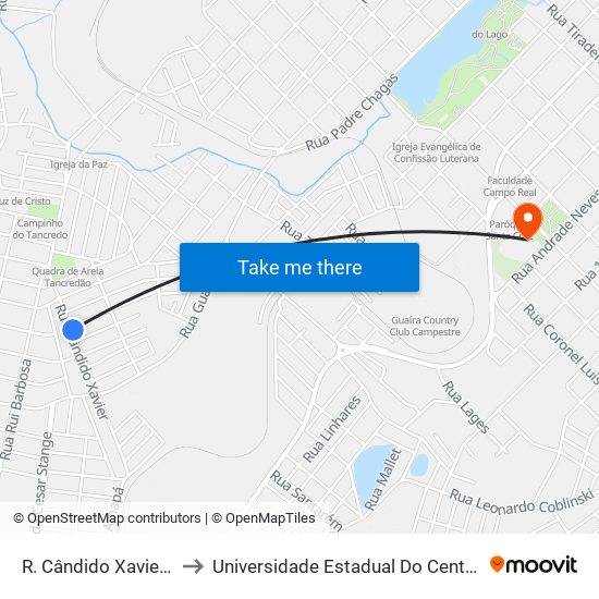 R. Cândido Xavier, 606 to Universidade Estadual Do Centro-Oeste map