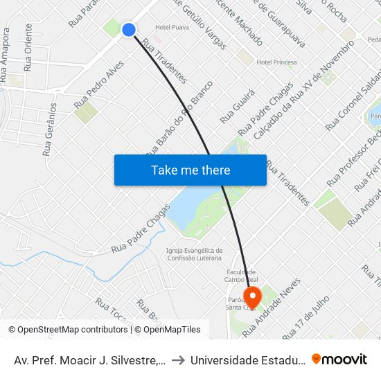 Av. Pref. Moacir J. Silvestre, 1301 (Ig. Sta Terezinha) to Universidade Estadual Do Centro-Oeste map