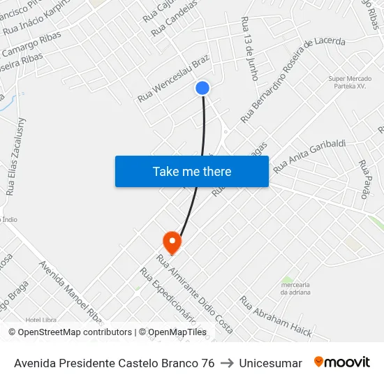 Avenida Presidente Castelo Branco 76 to Unicesumar map
