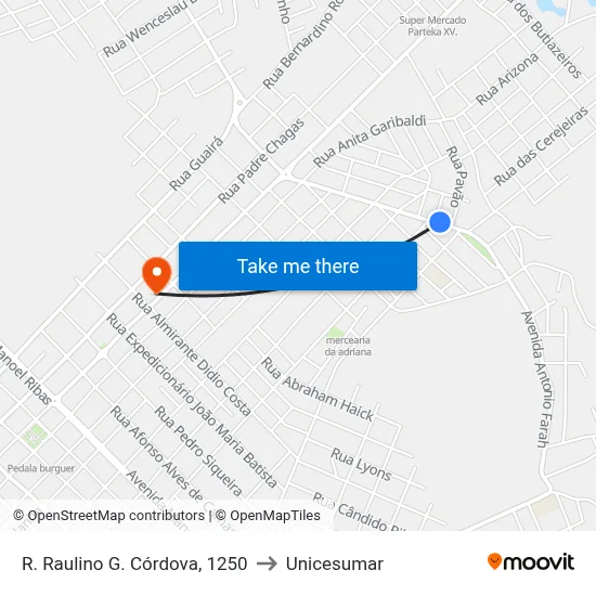 R. Raulino G. Córdova, 1250 to Unicesumar map