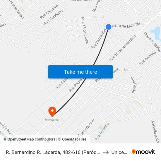 R. Bernardino R. Lacerda, 482-616 (Paróquia São Luis Gonzaga) to Unicesumar map