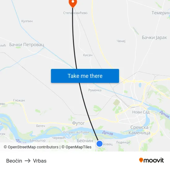 Beočin to Vrbas map