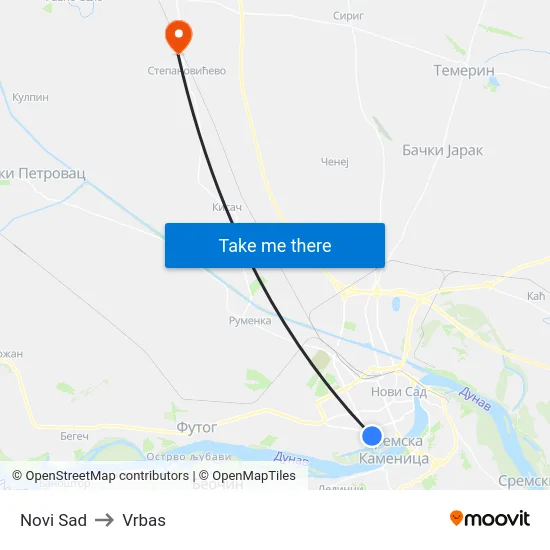 Novi Sad to Vrbas map