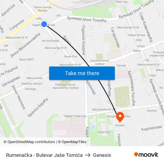 Rumenačka - Bulevar Jaše Tomića to Genesis map