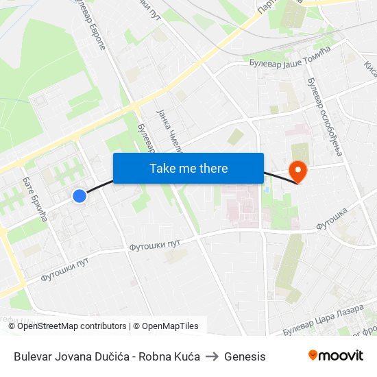 Bulevar Jovana Dučića - Robna Kuća to Genesis map