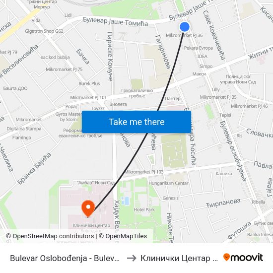 Bulеvar Oslobođenja - Bulevar Jaše Tomića to Клинички Центар Војводине map