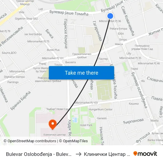 Bulеvar Oslobođenja - Bulevar Jaše Tomića to Клинички Центар Војводине map