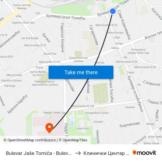 Bulevar Jaše Tomića - Bulevar Oslobođenja to Клинички Центар Војводине map