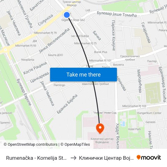 Rumenačka - Kornelija Stankovića to Клинички Центар Војводине map