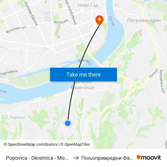 Popovica - Okretnica - Mošina Vila to Пољопривредни Факултет map