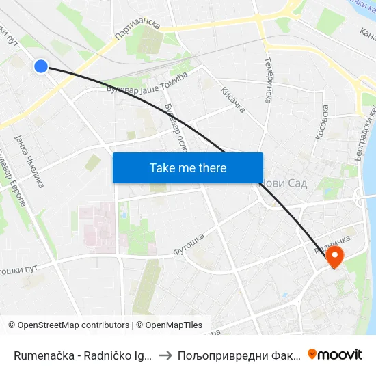 Rumenačka - Radničko Igralište to Пољопривредни Факултет map