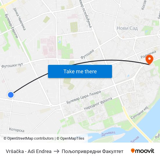 Vršačka - Adi Endrea to Пољопривредни Факултет map