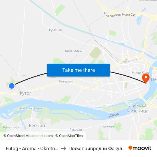Futog - Aroma - Okretnica to Пољопривредни Факултет map