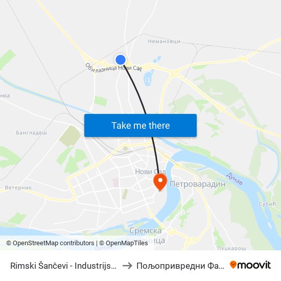 Rimski Šančevi - Industrijska Zona to Пољопривредни Факултет map