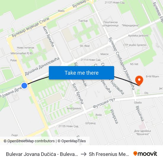 Bulevar Jovana Dučića - Bulevar Kneza Miloša to Sh Fresenius Medical Care map