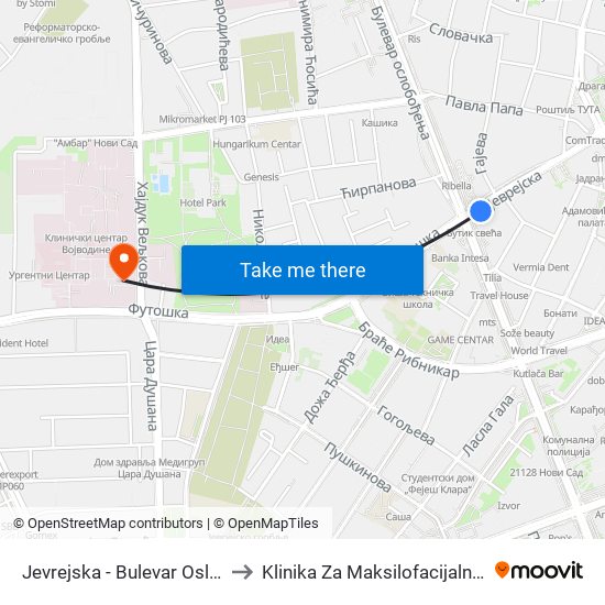 Jevrejska - Bulevar Oslobođenja to Klinika Za Maksilofacijalnu Hirurgiju map