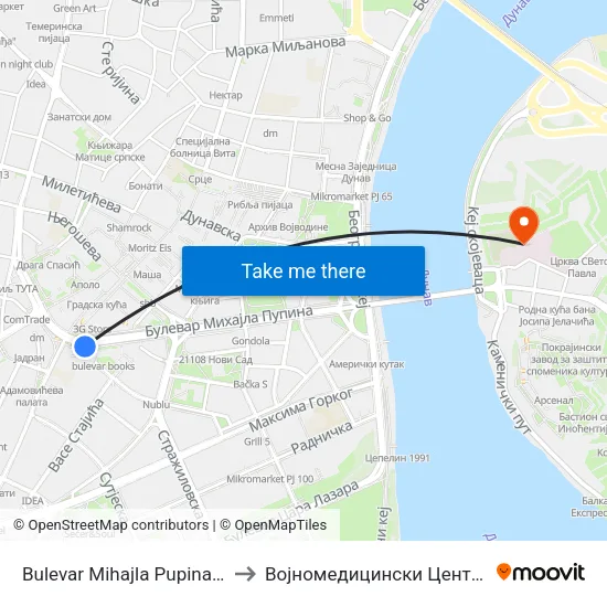 Bulevar Mihajla Pupina - Pothodnik to Војномедицински Центар Нови Сад map