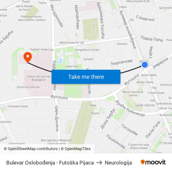 Bulevar Oslobođenja - Futoška Pijaca to Neurologija map