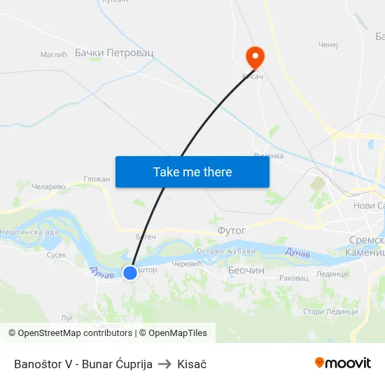 Banostor V - Bunar Cuprija to Kisac map