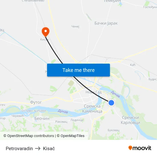 Petrovaradin to Kisac map