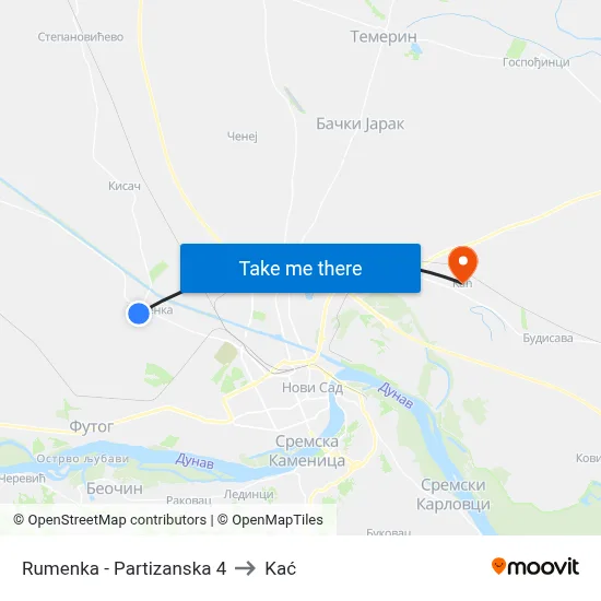Rumenka - Partizanska 4 to Kac map