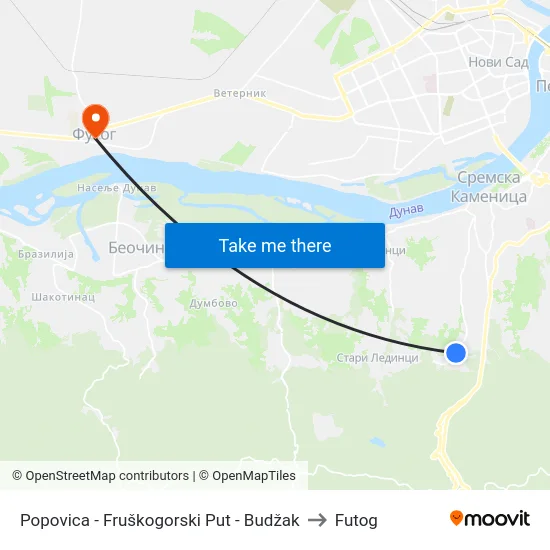 Popovica - Fruškogorski Put - Budžak to Futog map