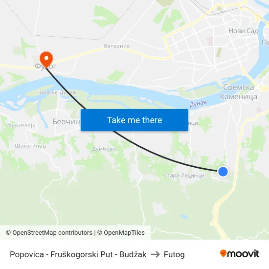 Popovica - Fruškogorski Put - Budžak to Futog map