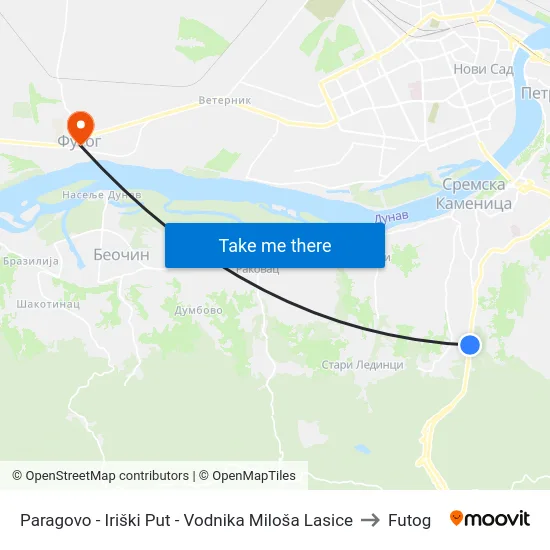 Paragovo - Iriški Put - Vodnika Miloša Lasice to Futog map