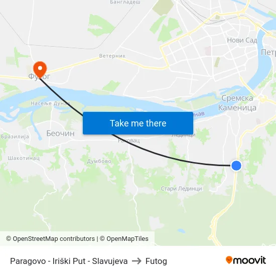 Paragovo - Iriški Put - Slavujeva to Futog map