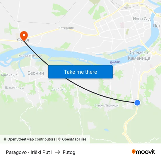 Paragovo - Iriški Put I to Futog map