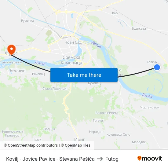 Kovilj - Jovice Pavlice - Stevana Pešića to Futog map