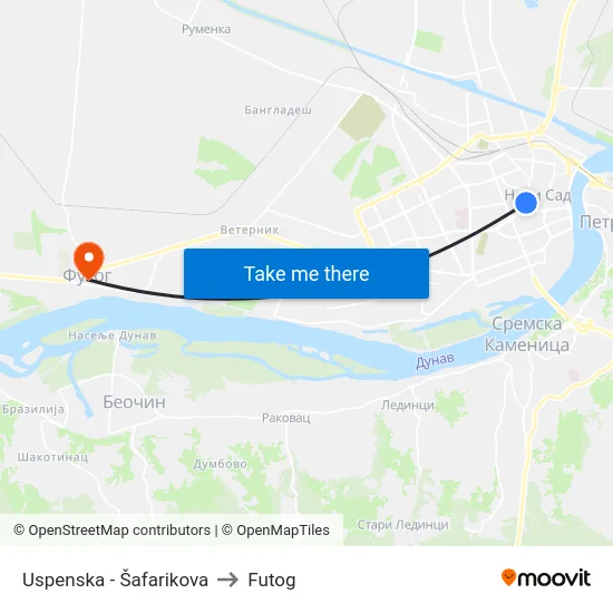 Uspenska - Šafarikova to Futog map
