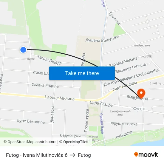 Futog - Ivana Milutinovića 6 to Futog map