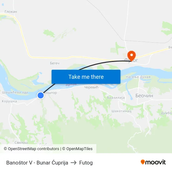 Banoštor V - Bunar Ćuprija to Futog map