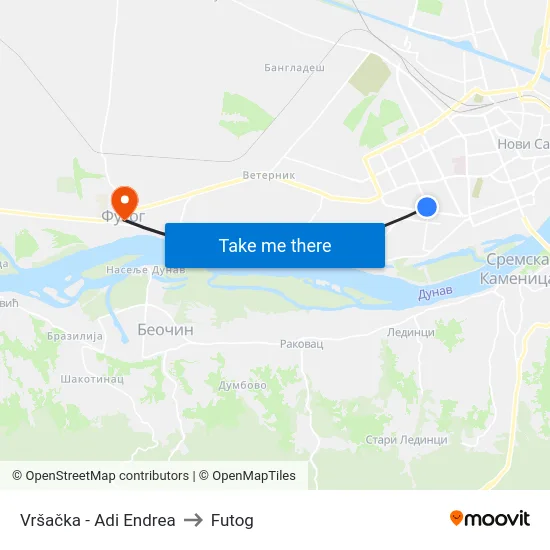 Vršačka - Adi Endrea to Futog map
