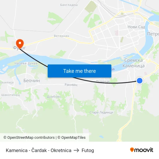 Kamenica - Čardak - Okretnica to Futog map